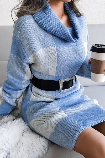 Plaid Split Joint Contrast Turtleneck Pencil Skirt Dresses Sweater (without Belt)