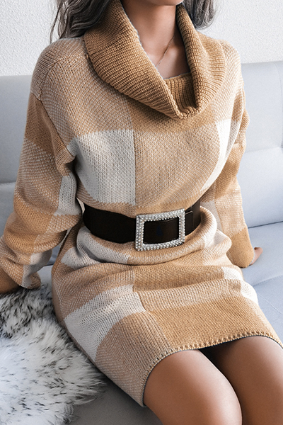 Plaid Split Joint Contrast Turtleneck Pencil Skirt Dresses Sweater (without Belt)