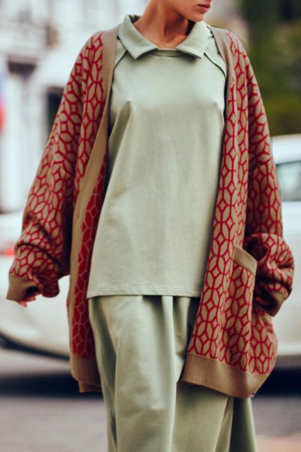 Geometric Patchwork Buckle V Neck Outerwear Mock Pocket Sweater