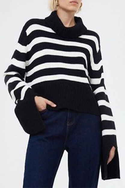 Striped Slit Contrast Turtleneck Tops Sweater