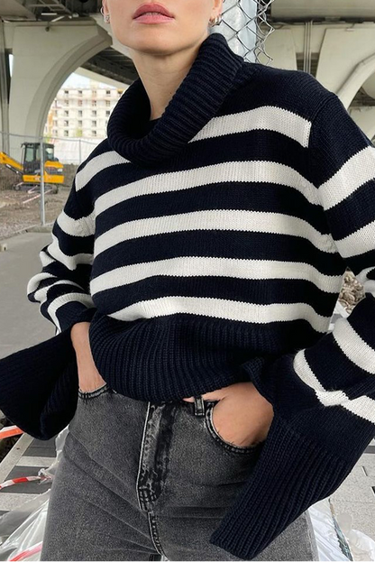 Striped Slit Contrast Turtleneck Tops Sweater