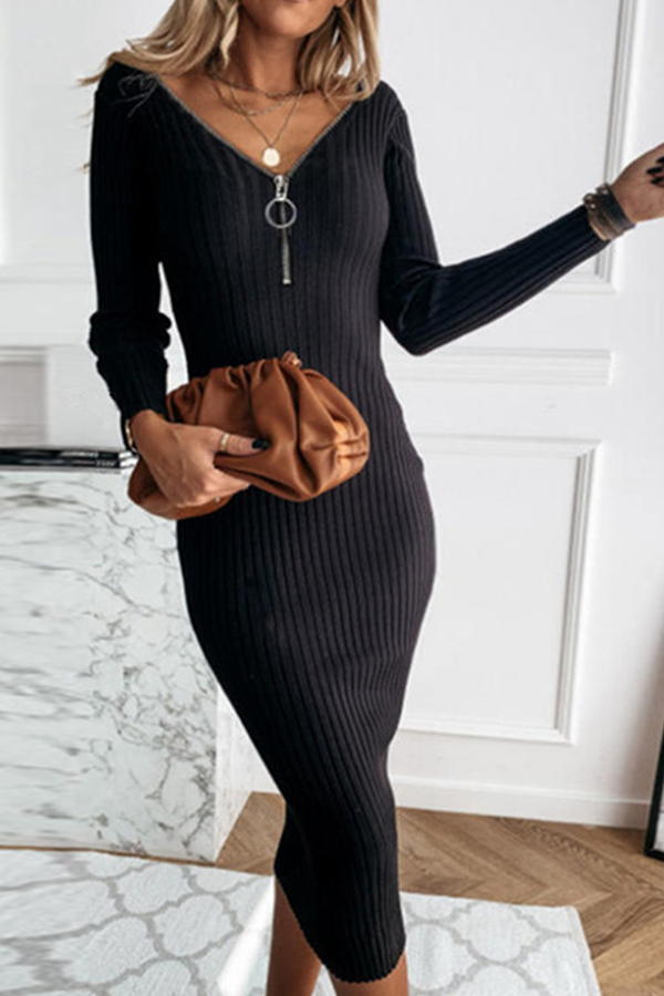 Patchwork Zipper V Neck Pencil Skirt Dresses(3 Colors)