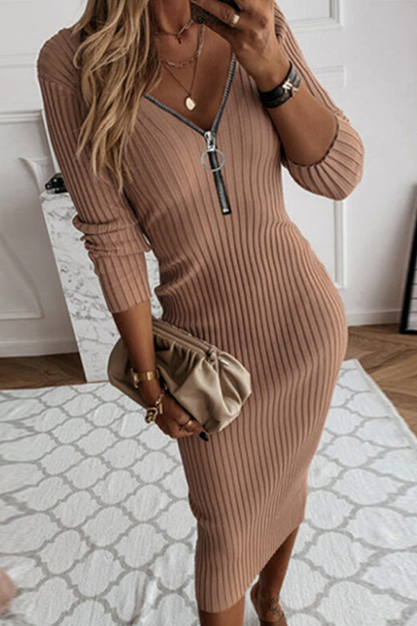 Patchwork Zipper V Neck Pencil Skirt Dresses(3 Colors)
