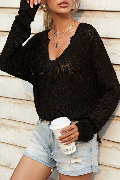 Draw String Basic V Neck Tops Sweater