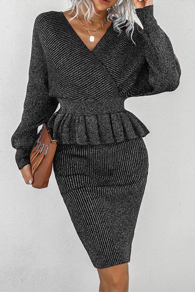 Split Joint Flounce V Neck Long Sleeve Two Pieces