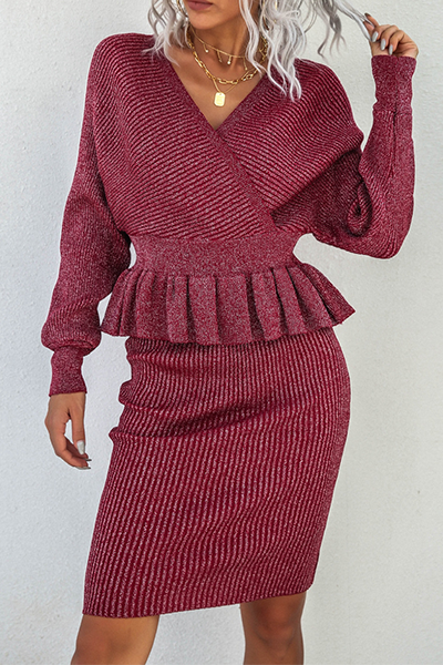 Split Joint Flounce V Neck Long Sleeve Two Pieces