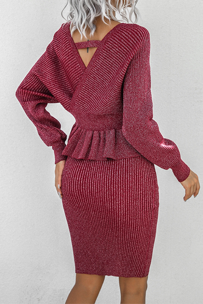 Split Joint Flounce V Neck Long Sleeve Two Pieces