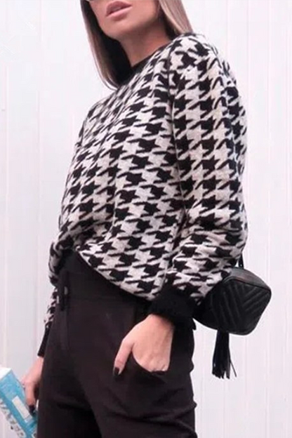 Street Geometric Patchwork Contrast O Neck Sweater(3 Colors)