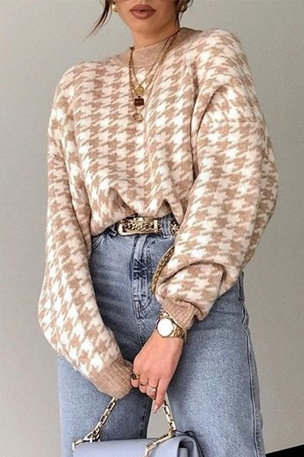 Street Geometric Patchwork Contrast O Neck Sweater(3 Colors)