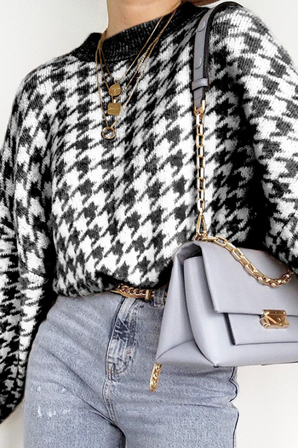 Street Geometric Patchwork Contrast O Neck Sweater(3 Colors)