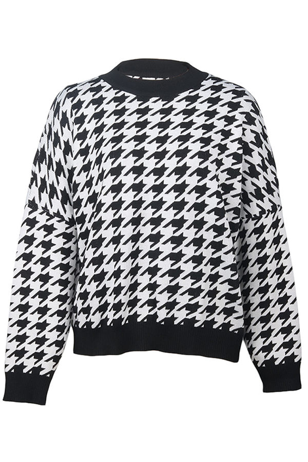 Street Geometric Patchwork Contrast O Neck Sweater(3 Colors)