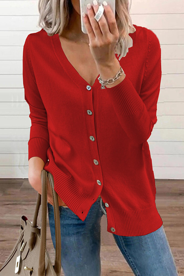 Patchwork Buckle V Neck Tops Sweater(12 Colors)