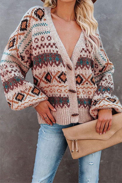 Geometric Patchwork Buckle V Neck Outerwear Sweater