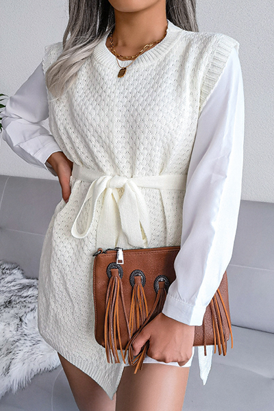 Slit With Belt O Neck Tops Sweater