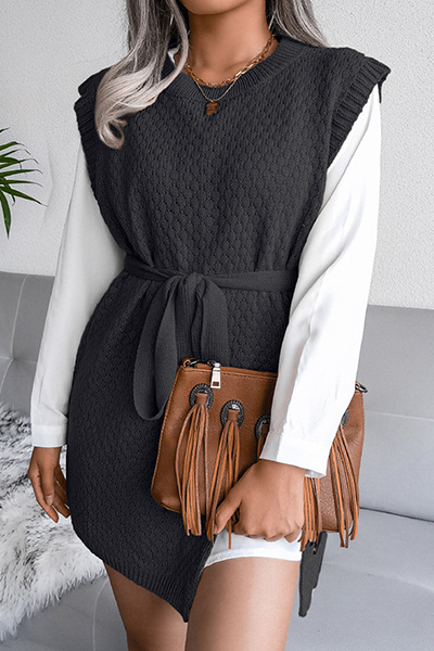 Slit With Belt O Neck Tops Sweater