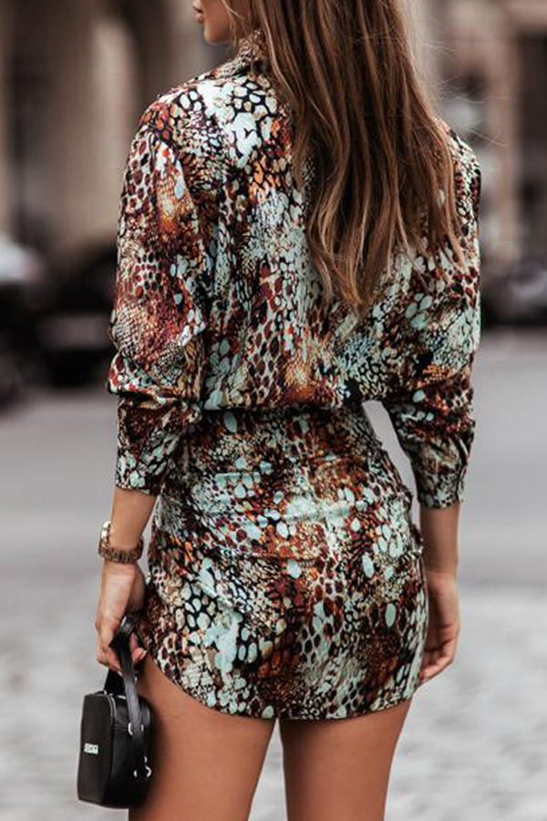 Print Buckle Strap Design Turndown Collar Waist Skirt Dresses