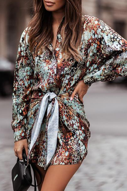 Print Buckle Strap Design Turndown Collar Waist Skirt Dresses