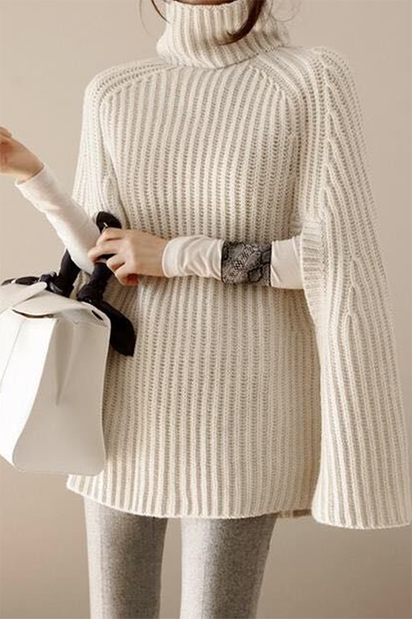 Street Split Joint Turtleneck Tops Sweater (without Belt)