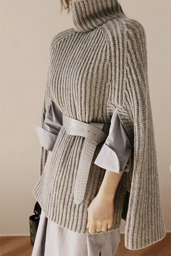 Street Split Joint Turtleneck Tops Sweater (without Belt)