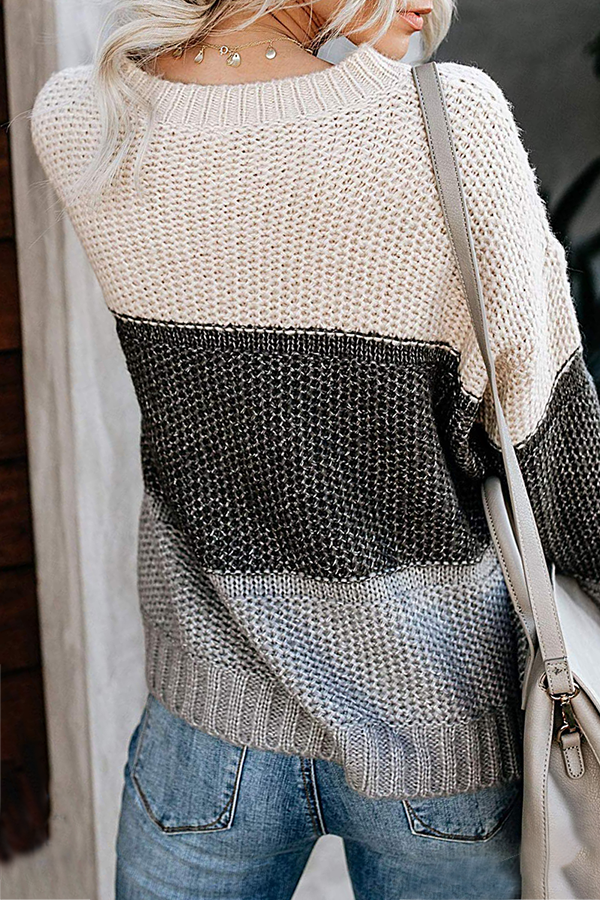Patchwork Basic Contrast O Neck Tops Sweater