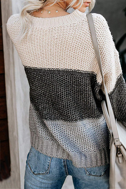 Patchwork Basic Contrast O Neck Tops Sweater