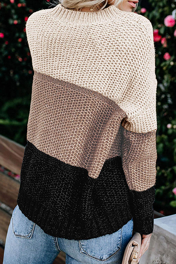Patchwork Basic Contrast O Neck Tops Sweater
