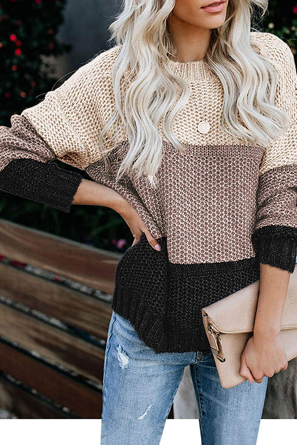 Patchwork Basic Contrast O Neck Tops Sweater