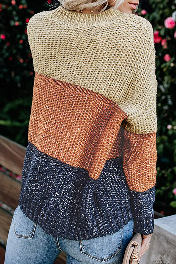 Patchwork Basic Contrast O Neck Tops Sweater
