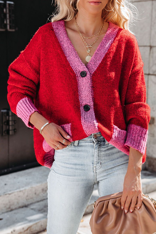 Patchwork Pocket Buckle Contrast V Neck Outerwear Sweater