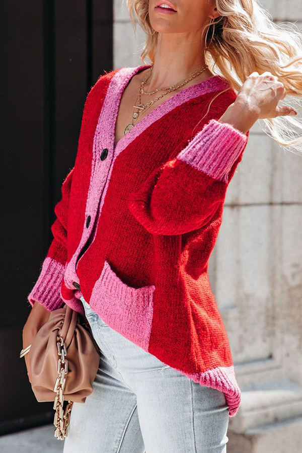 Patchwork Pocket Buckle Contrast V Neck Outerwear Sweater