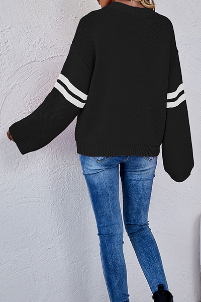 Striped Patchwork Contrast O Neck Tops Sweater