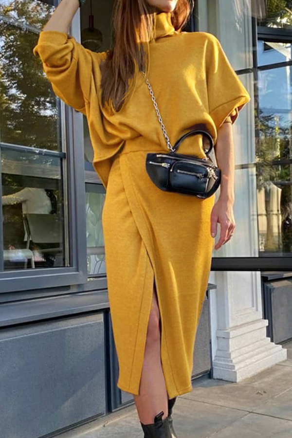 Street Patchwork Slit Turtleneck Long Sleeve Two Pieces