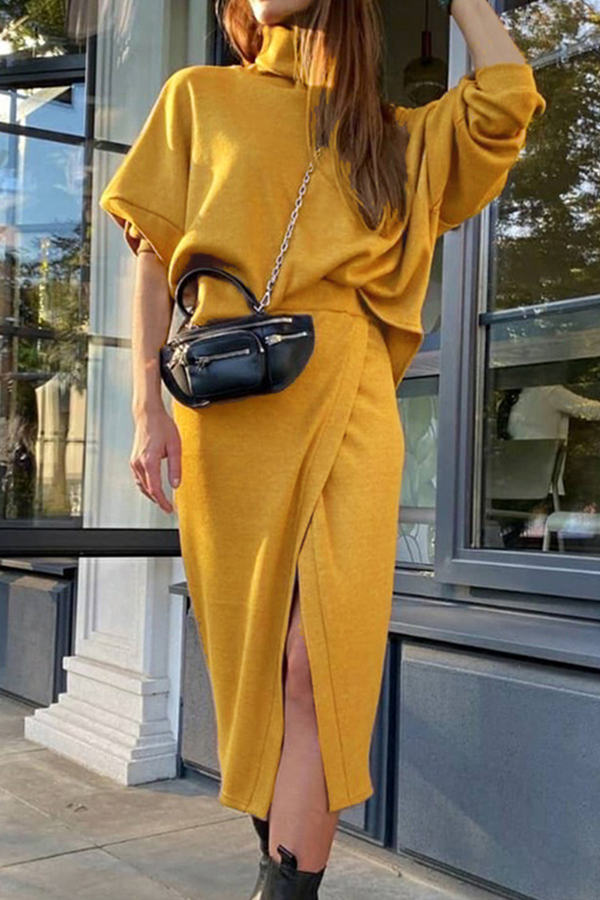 Street Patchwork Slit Turtleneck Long Sleeve Two Pieces