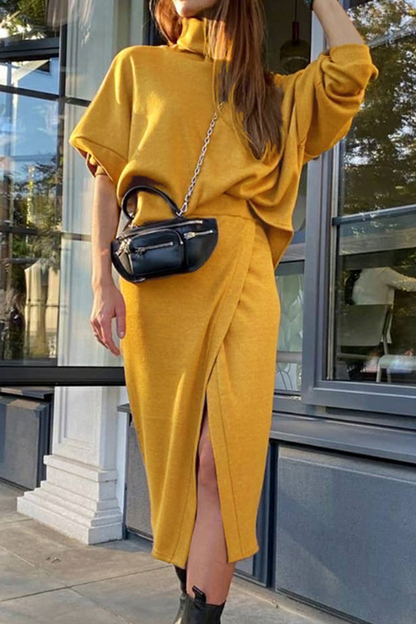 Street Patchwork Slit Turtleneck Long Sleeve Two Pieces