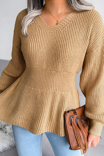 Patchwork Flounce V Neck Sweaters(3 Colors)