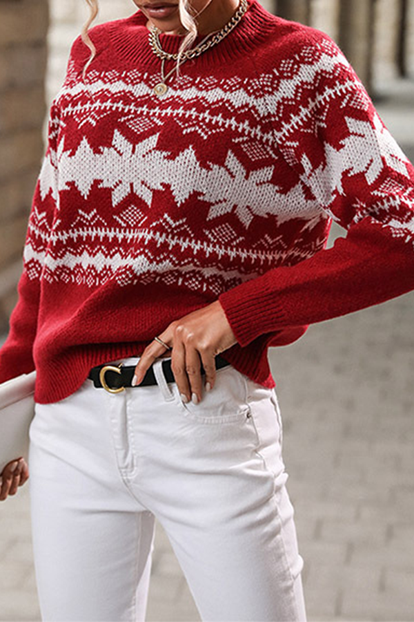 Snowflakes Contrast O Neck Tops Sweater