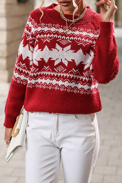 Snowflakes Contrast O Neck Tops Sweater