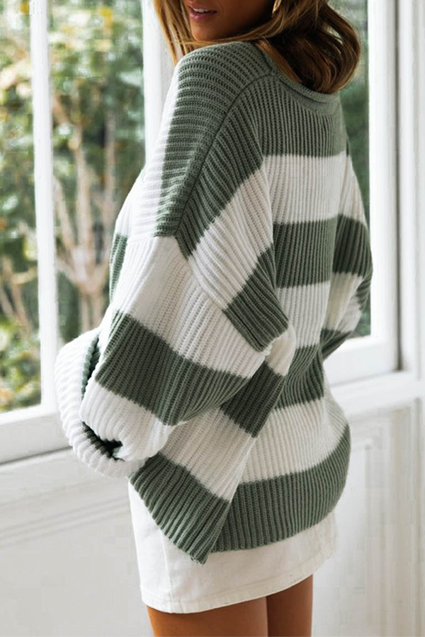 Striped Split Joint Contrast O Neck Tops Sweater（5 Colors）