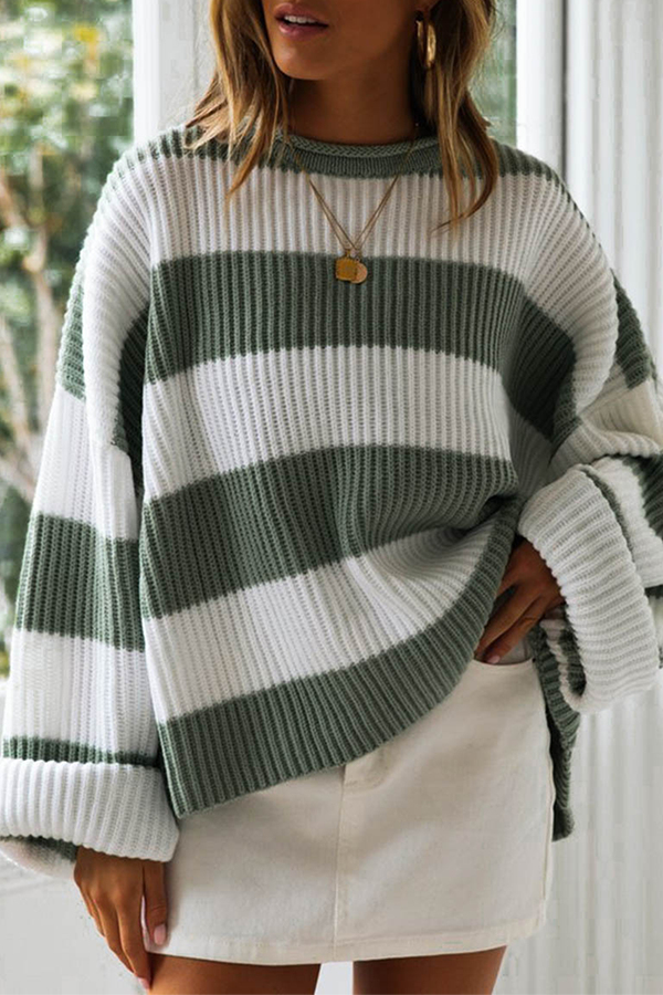 Striped Split Joint Contrast O Neck Tops Sweater（5 Colors）
