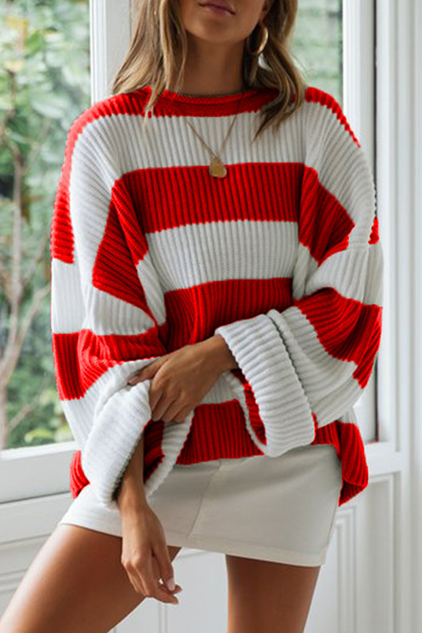 Striped Split Joint Contrast O Neck Tops Sweater（5 Colors）