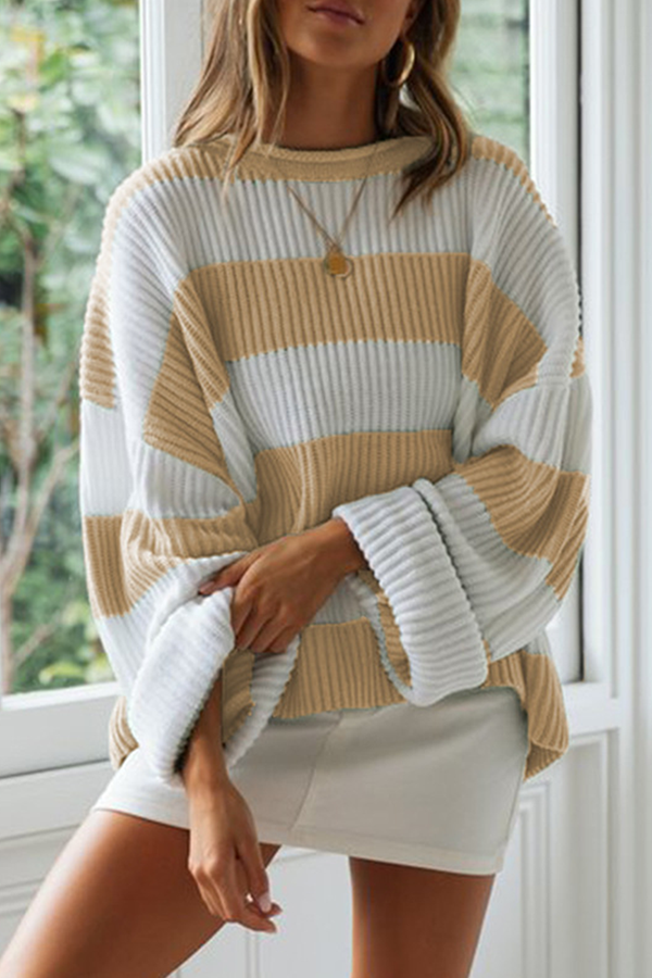 Striped Split Joint Contrast O Neck Tops Sweater（5 Colors）
