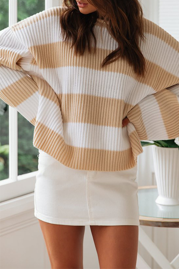 Striped Split Joint Contrast O Neck Tops Sweater（5 Colors）