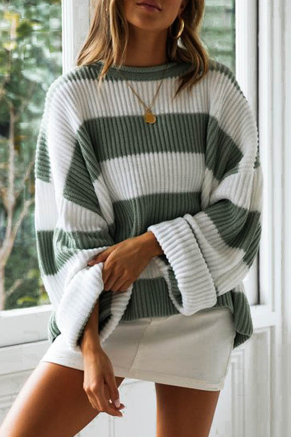 Striped Split Joint Contrast O Neck Tops Sweater（5 Colors）