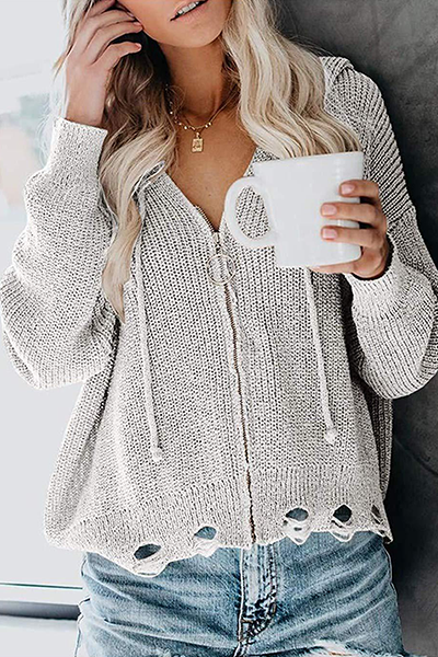 Street Ripped Draw String Zipper Hooded Collar Sweater(6 Colors)
