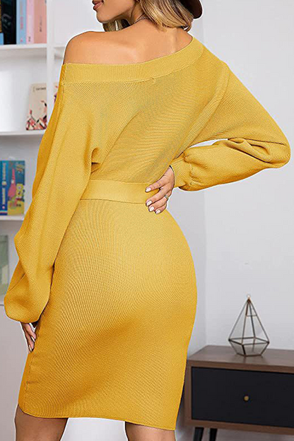 Patchwork With Belt Oblique Collar Wrapped Skirt Dresses