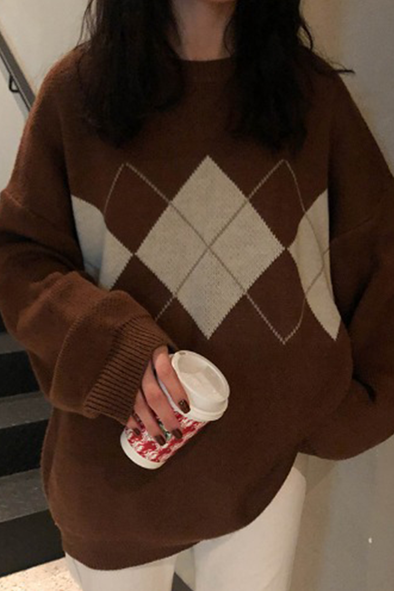 Geometric Patchwork Contrast O Neck Tops Sweater(3 Colors)
