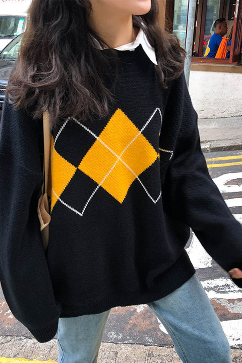 Geometric Patchwork Contrast O Neck Tops Sweater(3 Colors)