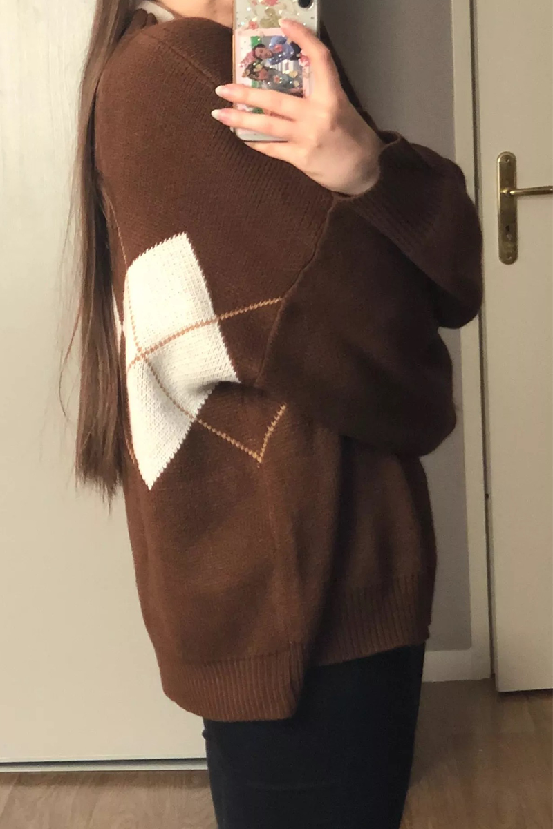 Geometric Patchwork Contrast O Neck Tops Sweater(3 Colors)