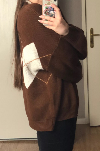 Geometric Patchwork Contrast O Neck Tops Sweater(3 Colors)