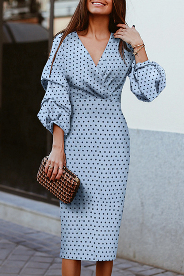 Polka Dot Patchwork Fold V Neck Waist Skirt Dresses